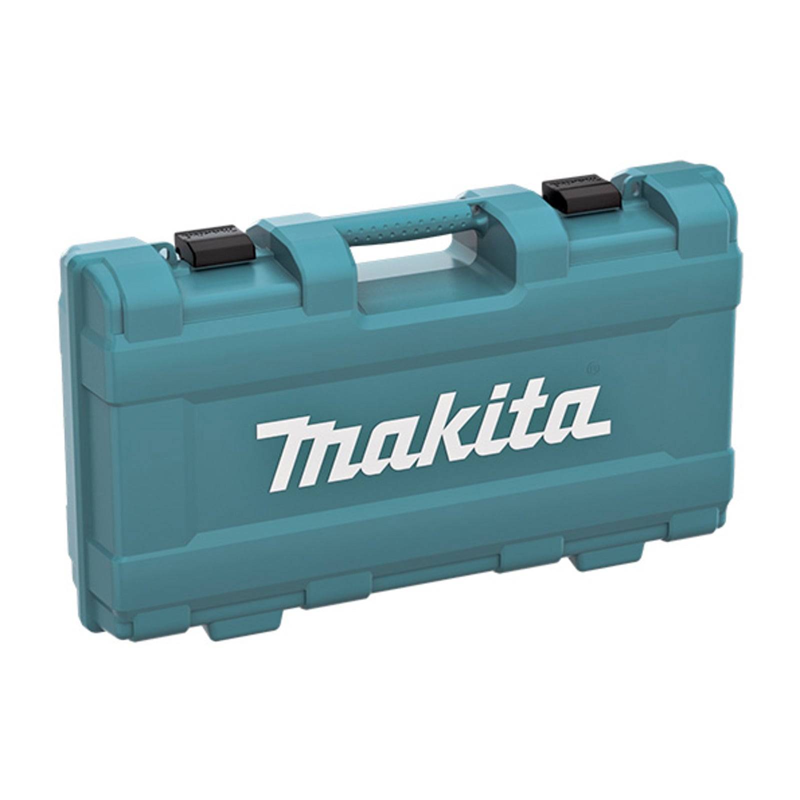 Eine türkisfarbene Kunststoff-Werkzeugbox mit dem Logo 'Makita' an der Vorderseite, ausgestattet mit einem Griff und Verschlüssen für sicheres Schließen.