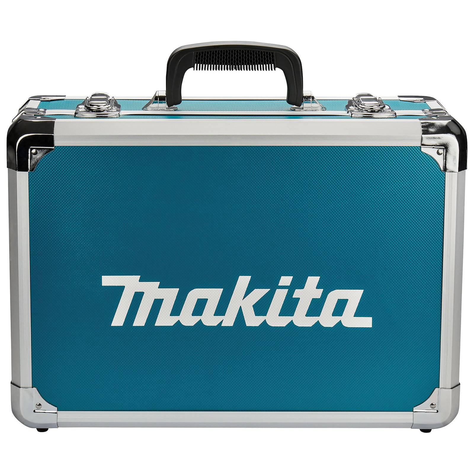 Eine türkisfarbene Werkzeugbox mit einem schwarzen Griff, auf der vorne das 'Makita' Logo in Weiß angebracht ist.