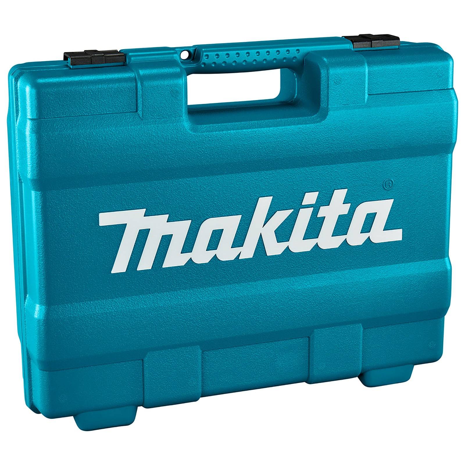 Eine blaue Makita Werkzeugkoffer mit Tragegriff und dem Markennamen in Weiß auf der Vorderseite, verwendet zum Aufbewahren und Transportieren von Werkzeugen.