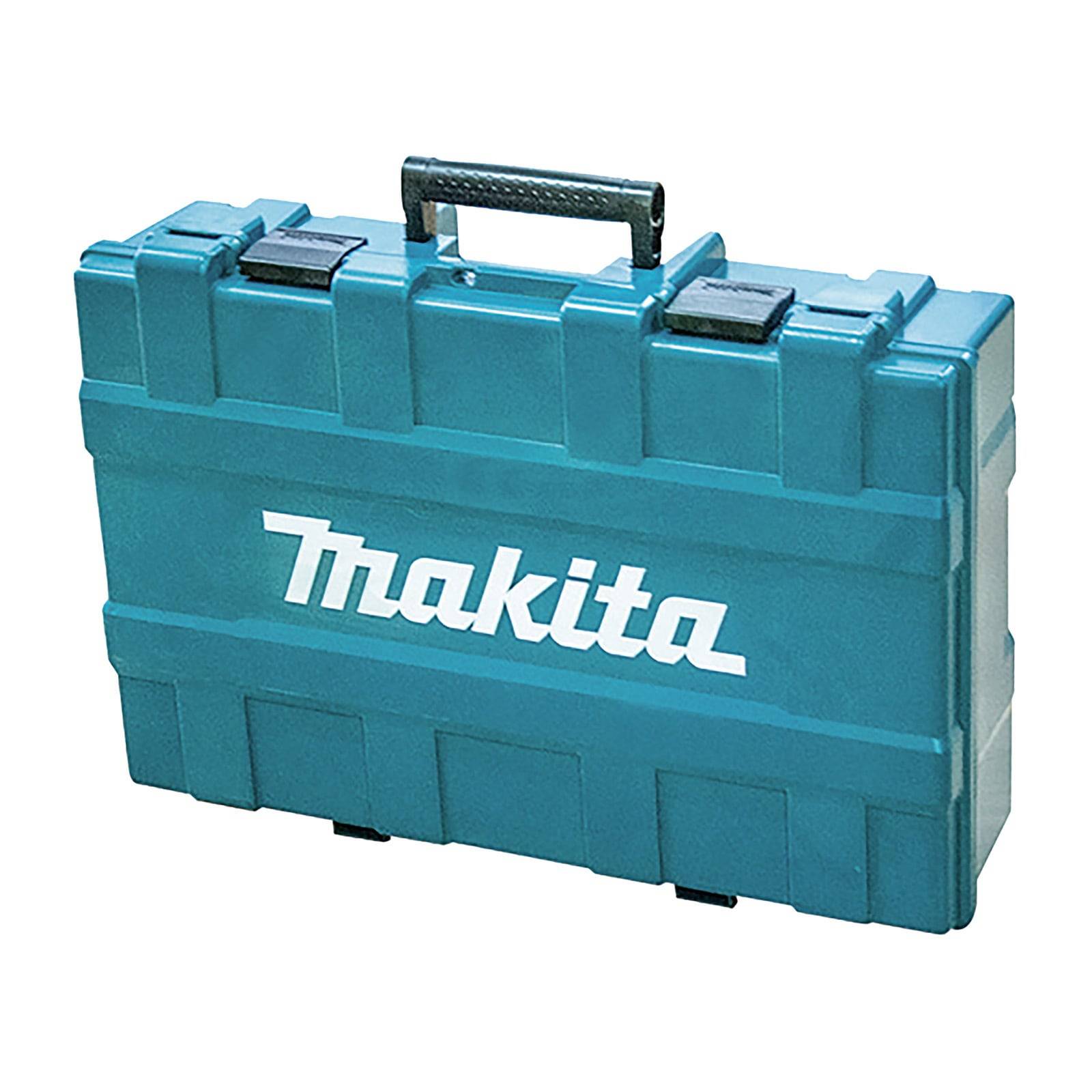 Blaue Makita-Werkzeugkoffer mit einem schwarzen Griff und sicheren Verschlüssen, mit dem Makita-Logo prominent auf der Vorderseite.