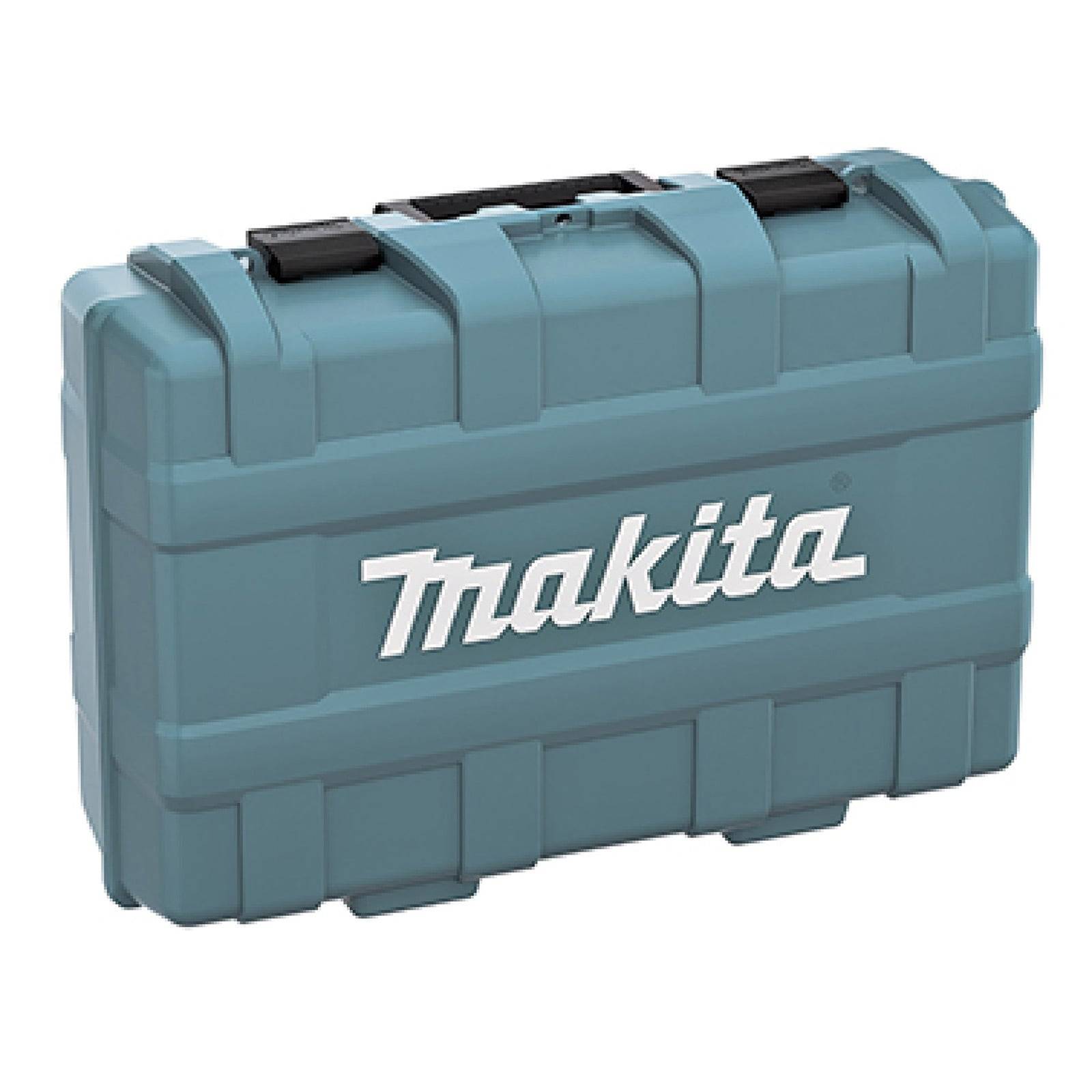 Ein blauer Makita Werkzeugkoffer mit Griff, auf dessen Seite das Makita-Logo angebracht ist.