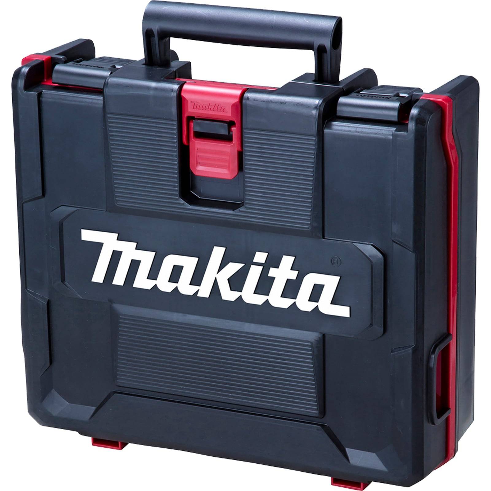 Ein schwarzer Kunststoff-Transportkoffer mit Griff, auf dem das Wort 'Makita' in Weiß aufgedruckt ist. Der Koffer hat rote Akzente und einen Verschluss.