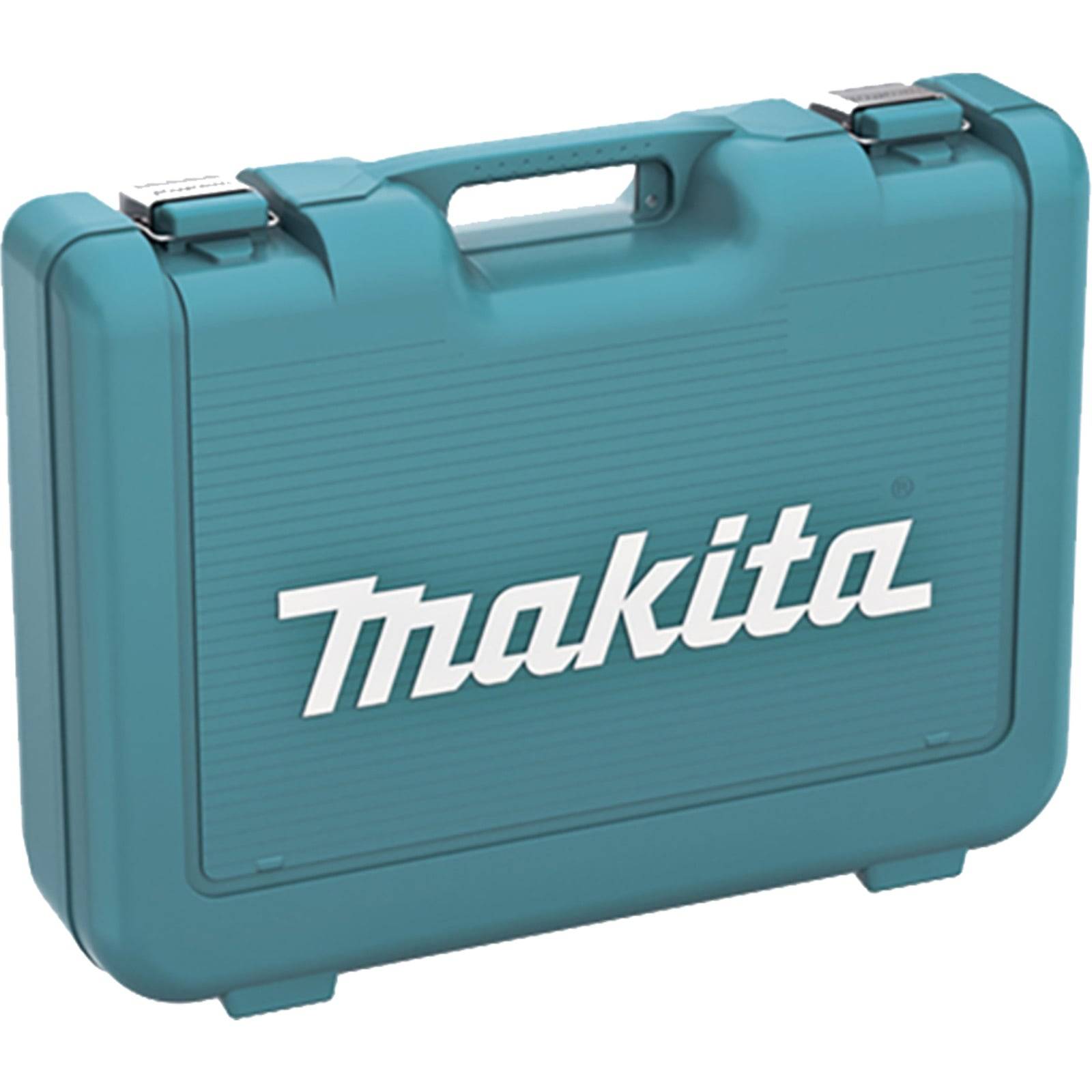 Ein türkisfarbener Makita-Werkzeugkoffer mit einem zentralen Griff und dem Markennamen 'Makita' in weißen Buchstaben auf der Vorderseite.