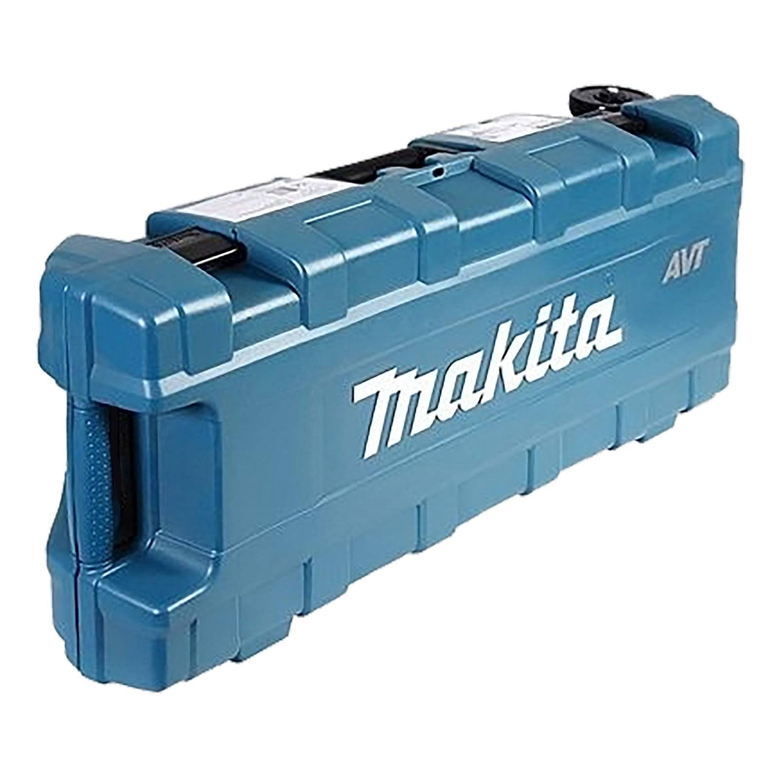 Ein blauer Makita Werkzeugkoffer mit der Aufschrift 'AVT', speziell für den Transport von Elektrowerkzeugen konzipiert, mit einer robusten, rechteckigen Konstruktion und einem strukturierten Griff.