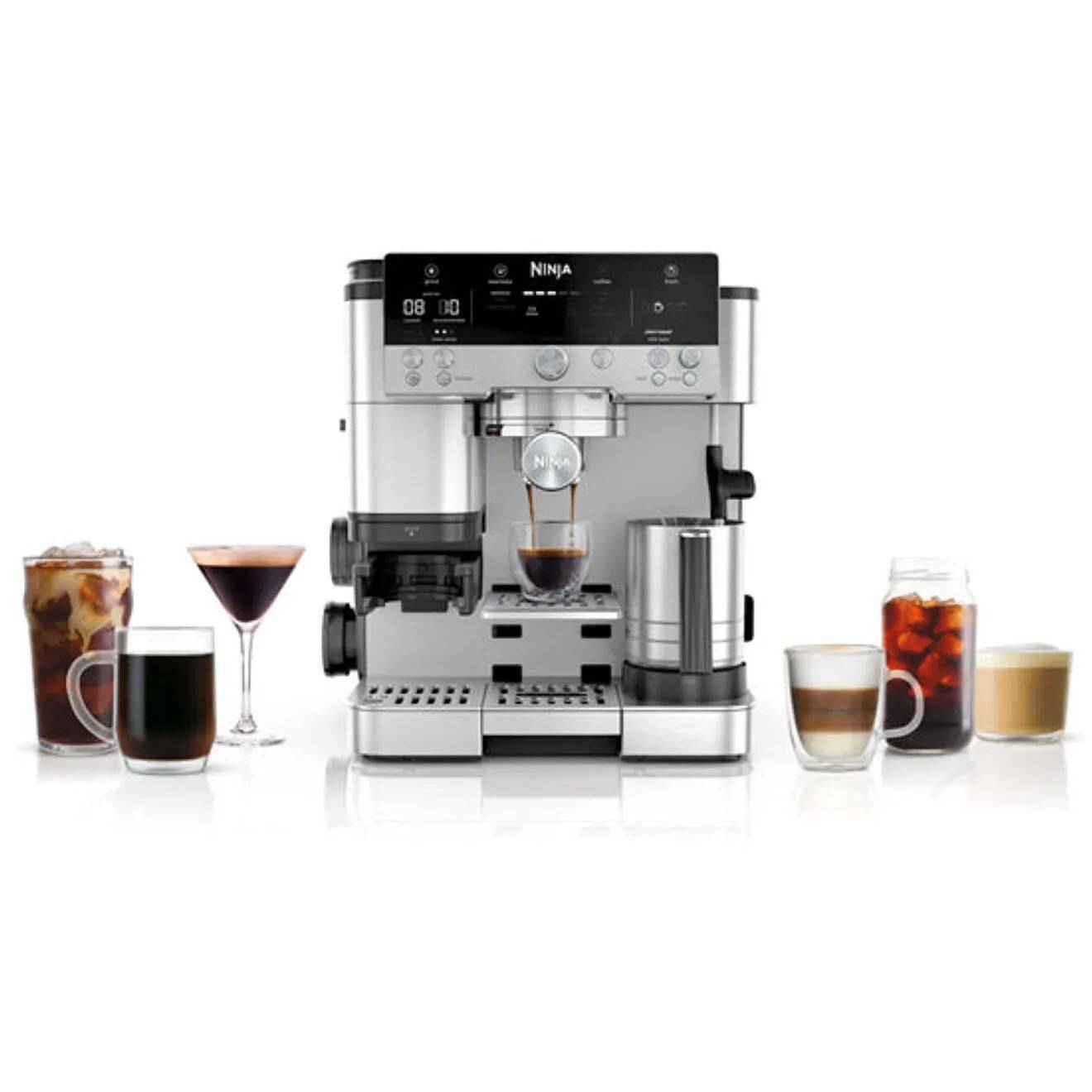 Espressomaschine mit Bedienfeld, Dampflanze und Kaffeausgabe. Verschiedene Kaffegetränke sind rund um die Maschine präsentiert.