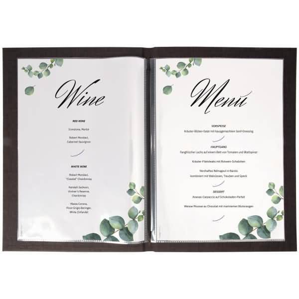 Aufgeklapptes Hochzeitsmenü-Büchlein aus Lederbindung mit 