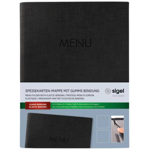 Speisekarten-Mappe Gummi-Bindung A5 Blindprägung MENU schwarz