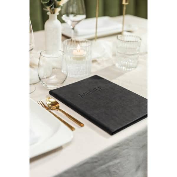 Speisekarten-Mappe Gummi-Bindung A5 Blindprägung MENU schwarz