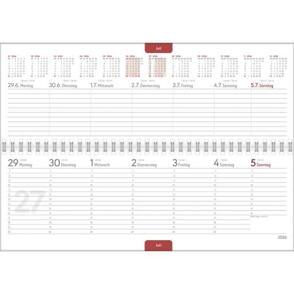 Tischquerkalender 114 Profi 29,7x10,5cm 1 Woche/2 Seiten rot 2026