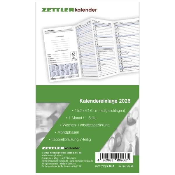 Kalenderersatzeinlage 501 für Taschenplaner 8,8x15,2cm 1 Monat/1 Seite Leporello 2026
