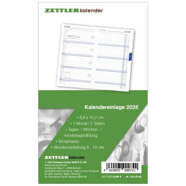 Kalenderersatzeinlage 520 8,8x15,2cm für Taschenplaner 1 Monat/2 Seiten 2026