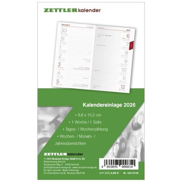 Ersatzeinlage 540 für Taschenkalender 8,8x15,2cm 1 Woche/1 Seite 2026