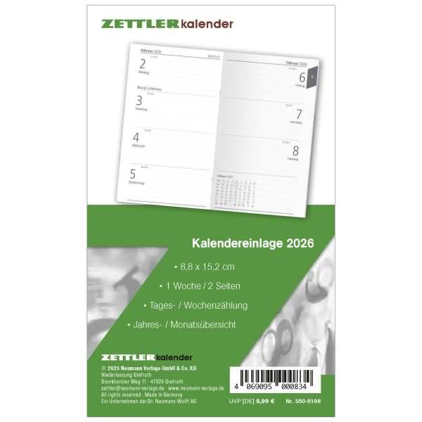 Ersatzeinlage 560 für Taschenkalender 8,8x15,2cm 1 Woche/2 Seiten 2026