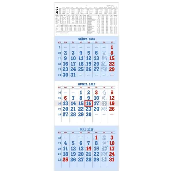 Dreimonatskalender 952 29,7x78cm blau/rot 2026