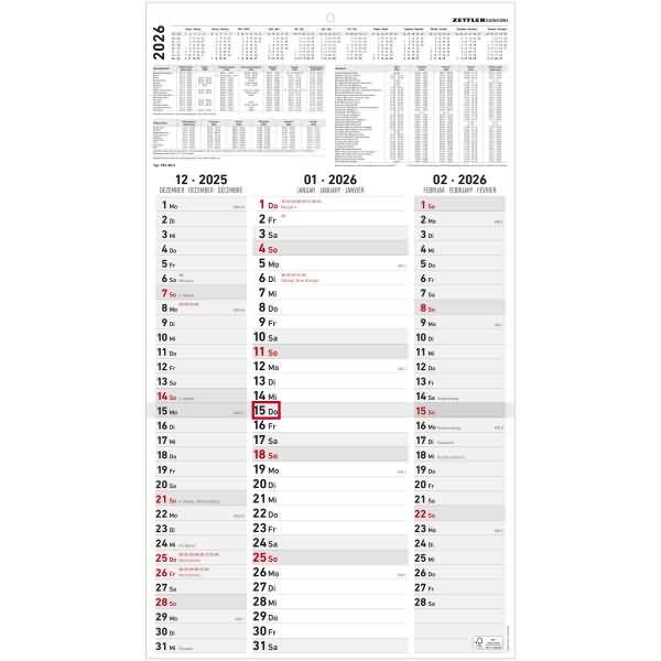 Dreimonatskalender Streifenplaner 955 33x58,8cm 2026