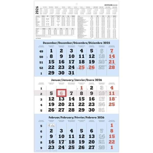 Dreimonatskalender 958 29,7x57cm blau 2026