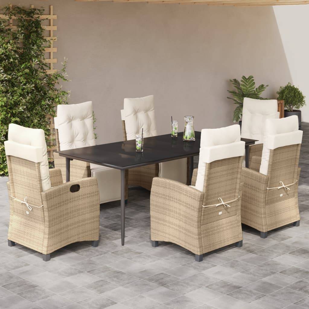 vidaXL 7-tlg. Garten-Essgruppe mit Kissen Beige Poly Rattan