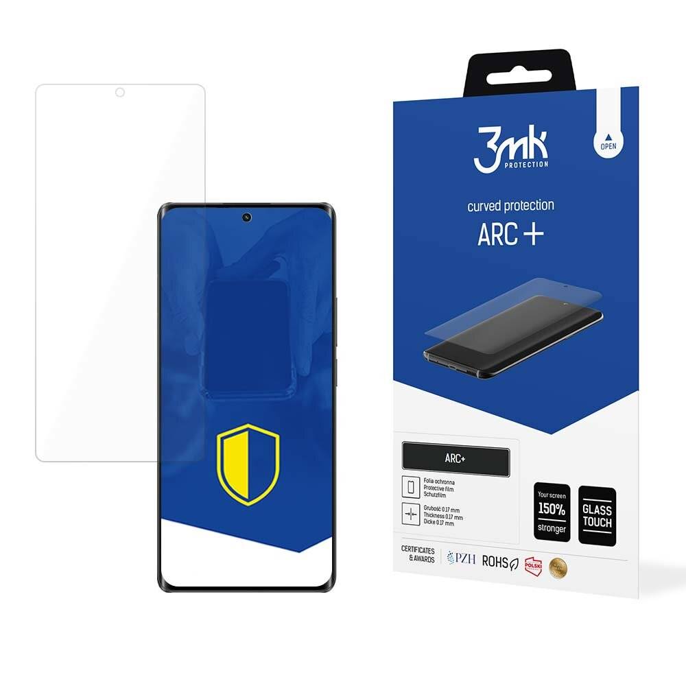 Displayschutzfolie für Smartphones mit blauem und gelbem Schilddesign und Verpackung mit der Aufschrift „3mk Protection ARC+
