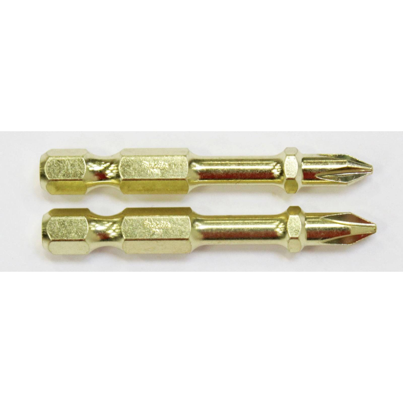 Zwei goldene doppelseitige Schraubendreher-Bits mit sechskantigen Schaftenden und Phillips-Köpfen auf einem weißen Hintergrund.