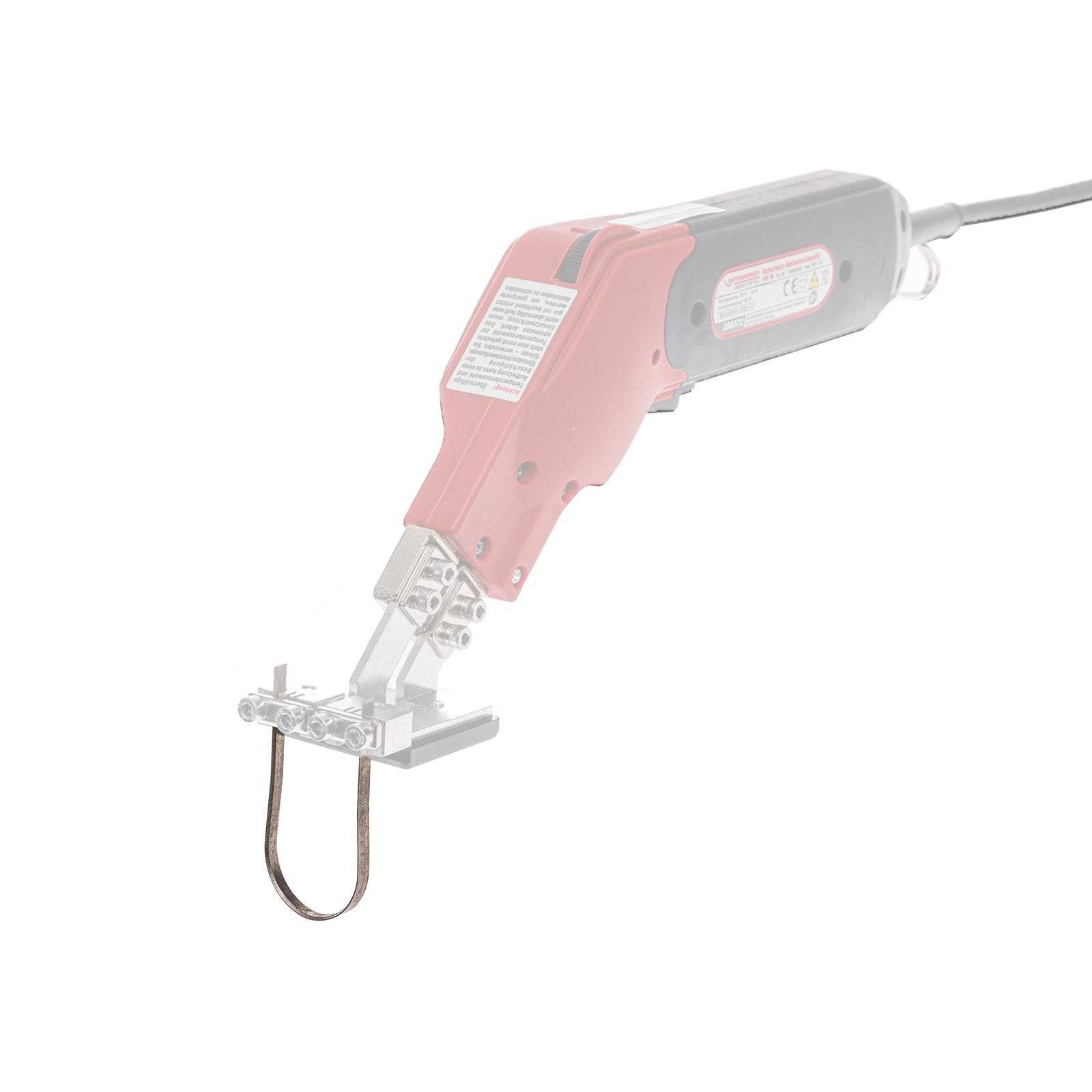 Elektrisches Heißmesser mit rosa Griff, zum Schneiden von Materialien wie Schaum, mit Klingenöse und Sicherheitswarnhinweisen an der Seite.