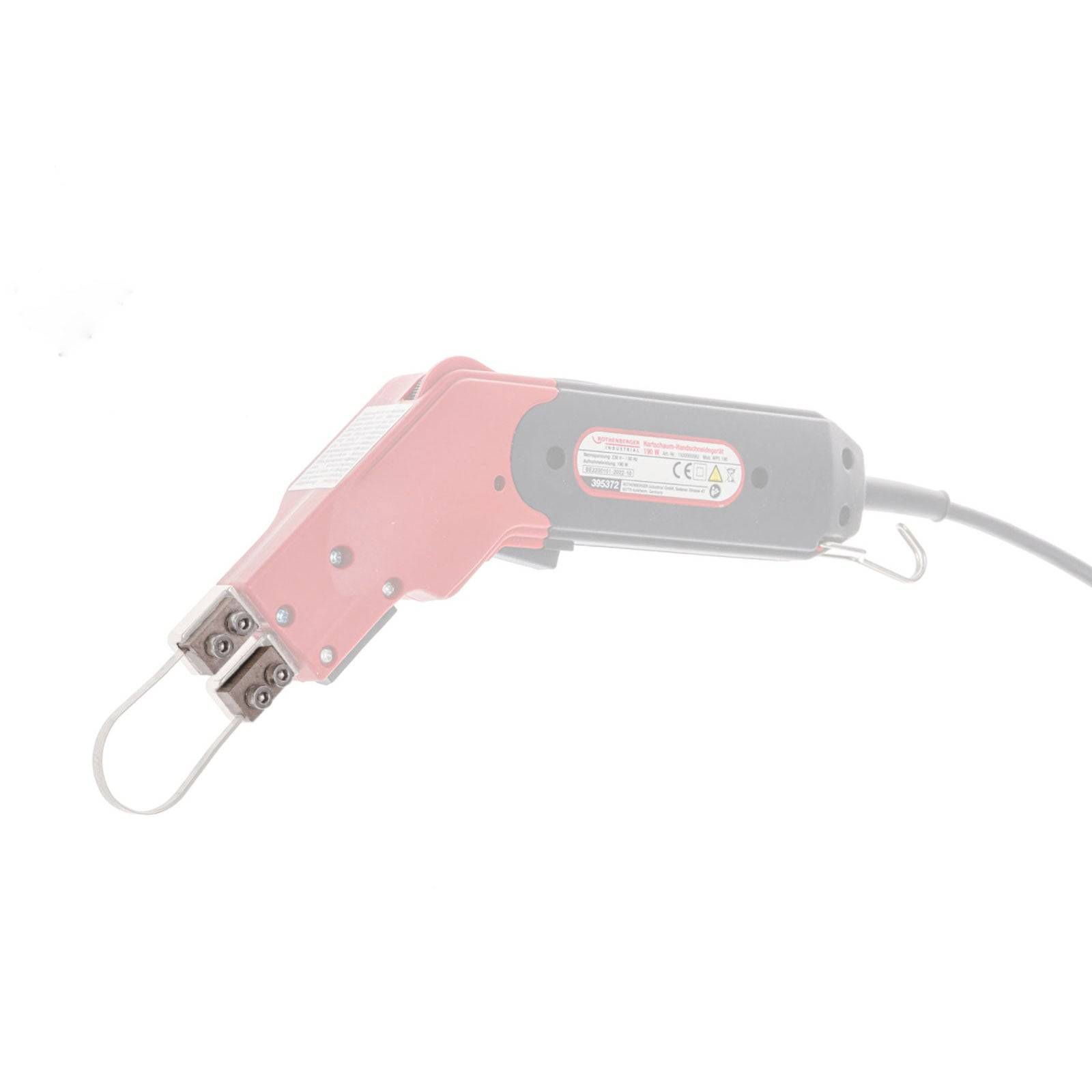 Ein tragbares elektrisches Heißmesser mit freiliegender Klinge, das zum Schneiden von Materialien wie Schaumstoff und Seil verwendet wird, vor einem schlichten Hintergrund.