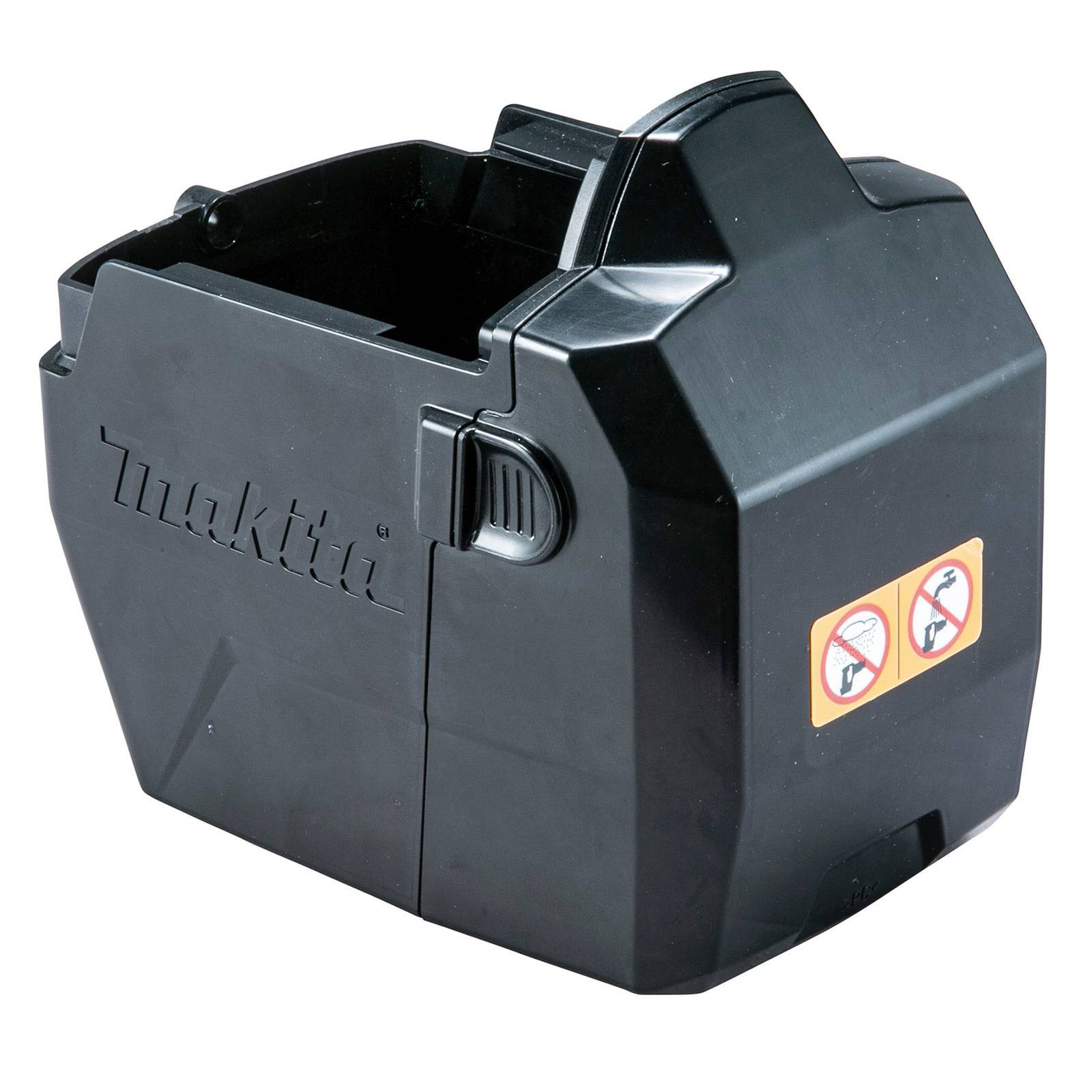 Eine schwarze Makita Staubsammelbox mit einem Warnschild an der Seite, das 
