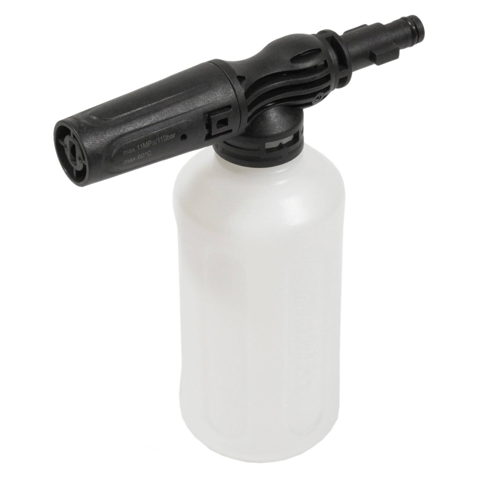 Eine Schaumkanone-Aufsatz aus Kunststoff mit einer schwarzen Düse und einer weißen Flasche, die zum Aufbringen von Seifenschaum mit einem Hochdruckreiniger verwendet wird.