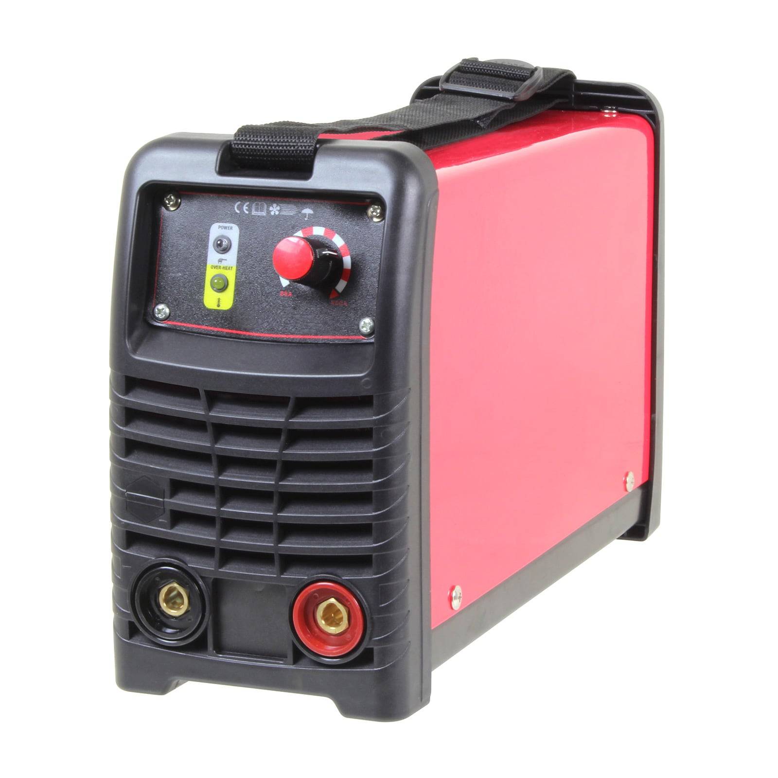Tragbare rote Schweißmaschine mit Einstellrad und Anschlusspunkten, mit einem Trageriemen ausgestattet, von vorne in einem Winkel abgebildet.