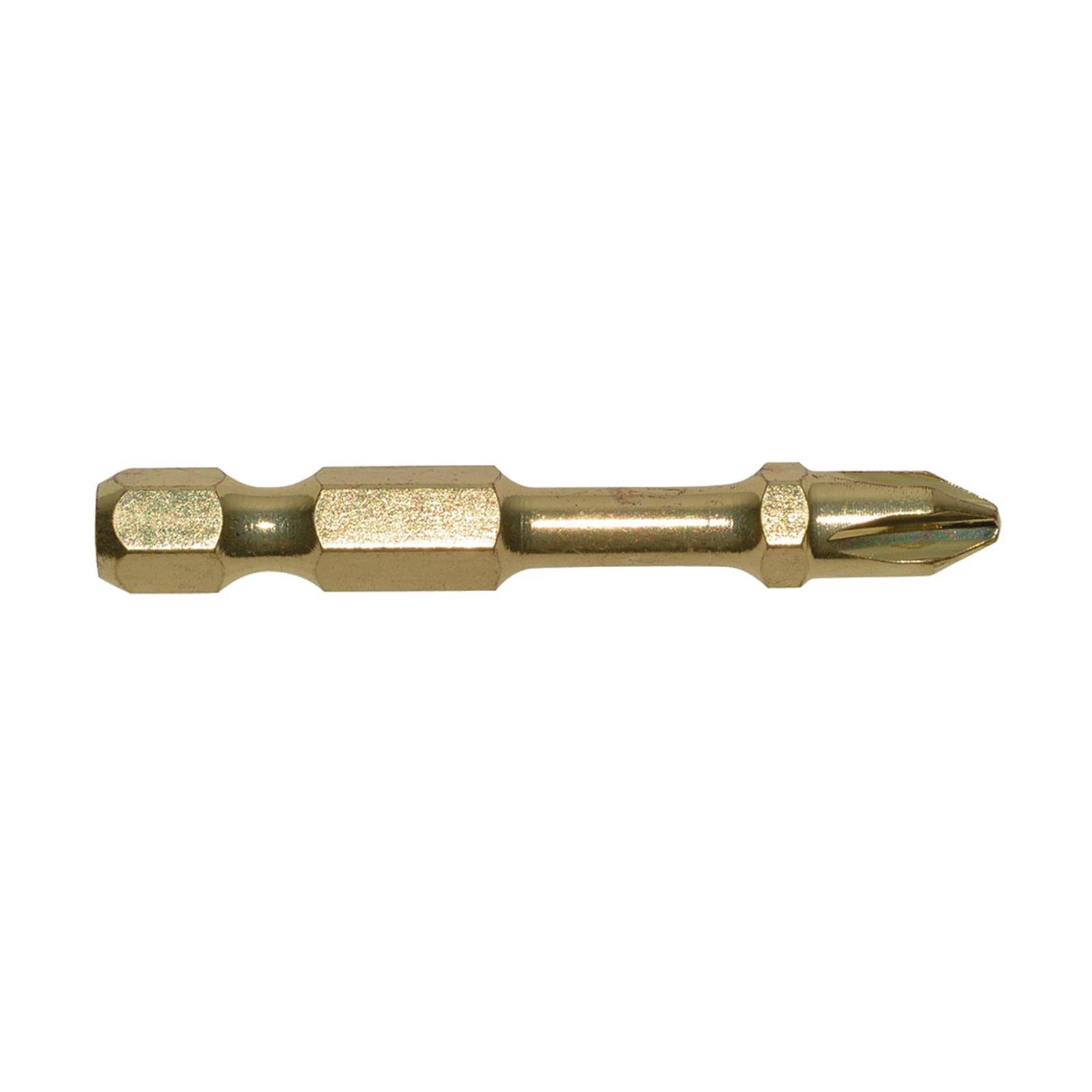 Ein goldfarbener, sechskantiger Schraubendreher-Bit mit Phillips-Spitze, der für den Einsatz mit Bohrmaschinen entwickelt wurde.