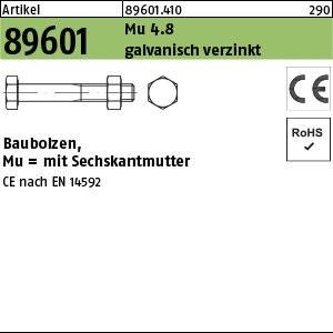 89601 galvanisch verzinkt' Schraube und Sechskantmutter abgebildet. CE- und RoHS-konform. Beschrieben als Mu 4.8, gemäß EN 14592 Normen.