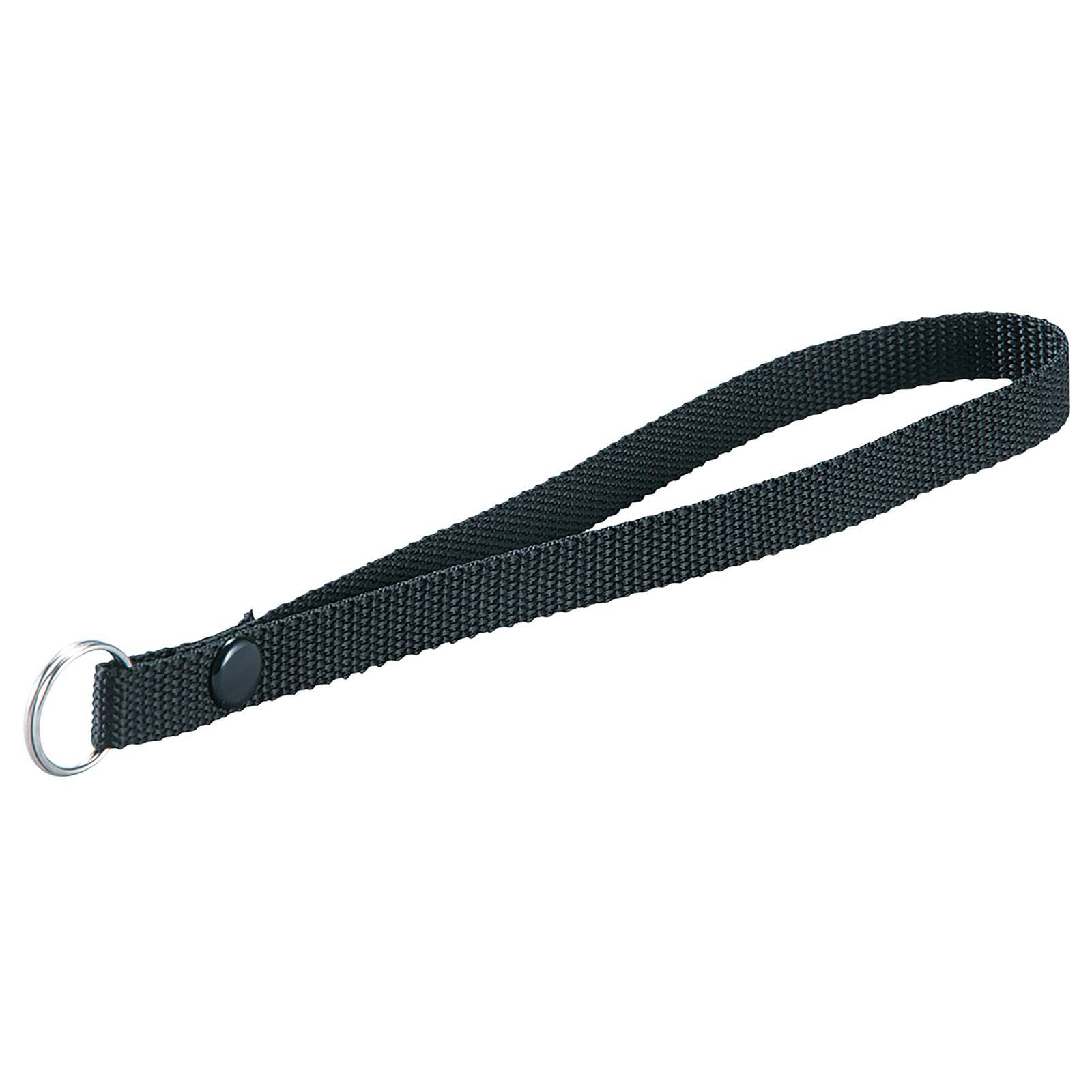 Ein schwarzer Nylon-Handgelenkgurt mit einem silbernen Metallring, entwickelt zum Anbringen an Geräten oder Gegenständen für einfaches Tragen oder Sicherung.