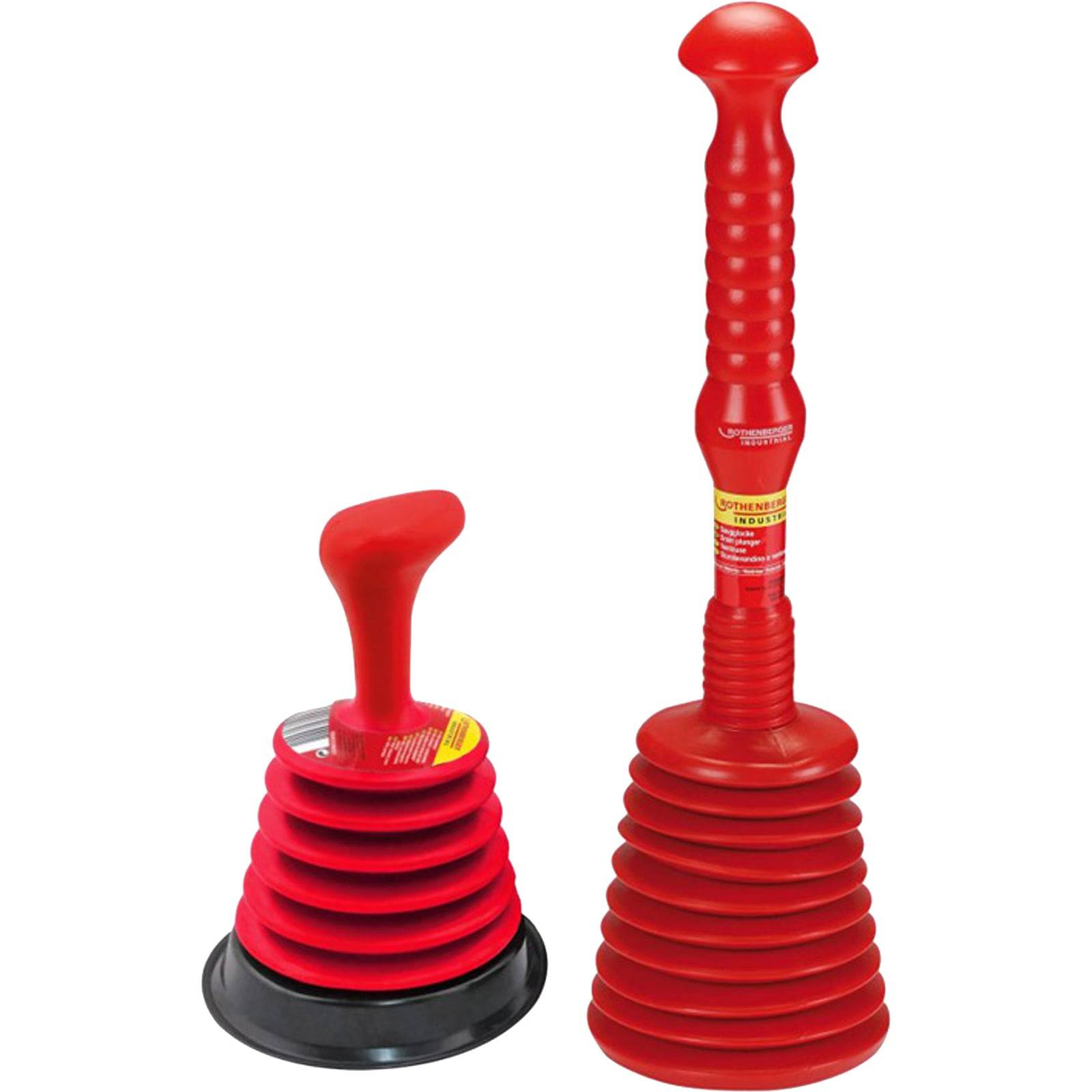 Zwei rote Abflussreiniger mit Akkordeon-artigen Griffen. Der linke ist kleiner und hat eine schwarze Basis; der rechte ist größer und komplett rot.