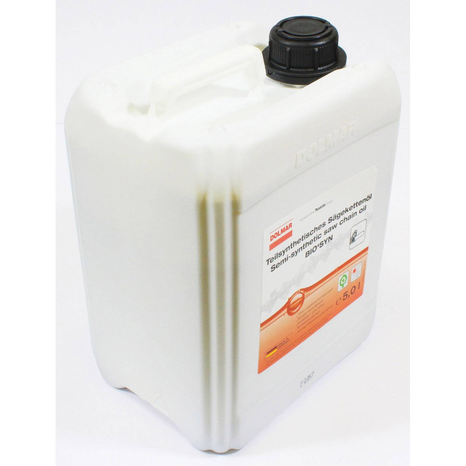 Ein weißer 5,0-Liter-Behälter mit teilsynthetischem Silikatmotoröl, mit der Aufschrift „Dahlir