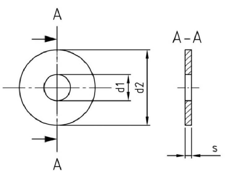 Technische Zeichnung einer Unterlegscheibe mit gekennzeichneten Abmessungen: Außendurchmesser (d2), Innendurchmesser (d1) und Dicke. Seiten- und Vorderansicht enthalten.