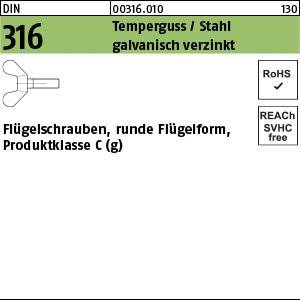 Etikett für eine verzinkte Flügelmutter, runde Flügelform, Klasse-C-Produkt. Enthält Spezifikationen und Compliance-Symbole für RoHS und REACH.
