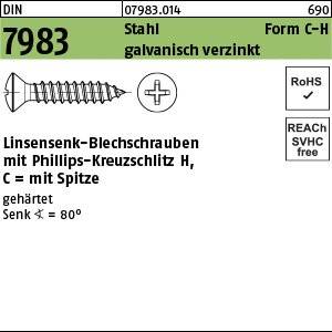 Schraube 7983, Stahl, verzinkt, Form C-H. Merkmale beinhalten Pozidriv-Senkkopf, gehärtet, mit 80°-Winkel. RoHS- und REACH-konform.