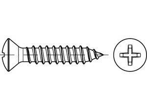 Eine technische Zeichnung zeigt eine Schraube mit einer detaillierten Seitenansicht und einer Draufsicht, die auf der rechten Seite ein Phillips-Kopfdesign darstellt.