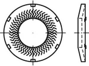Ein Diagramm einer kreisförmigen mechanischen Komponente mit Zickzackmustern im Inneren und symmetrischen Kerben an der Kante, von vorne und von der Seite betrachtet.