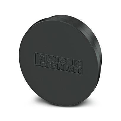 Eine schwarze, runde Kunststoffabdeckung mit dem eingeprägten Logo 'PHOENIX CONTACT' in der Mitte.