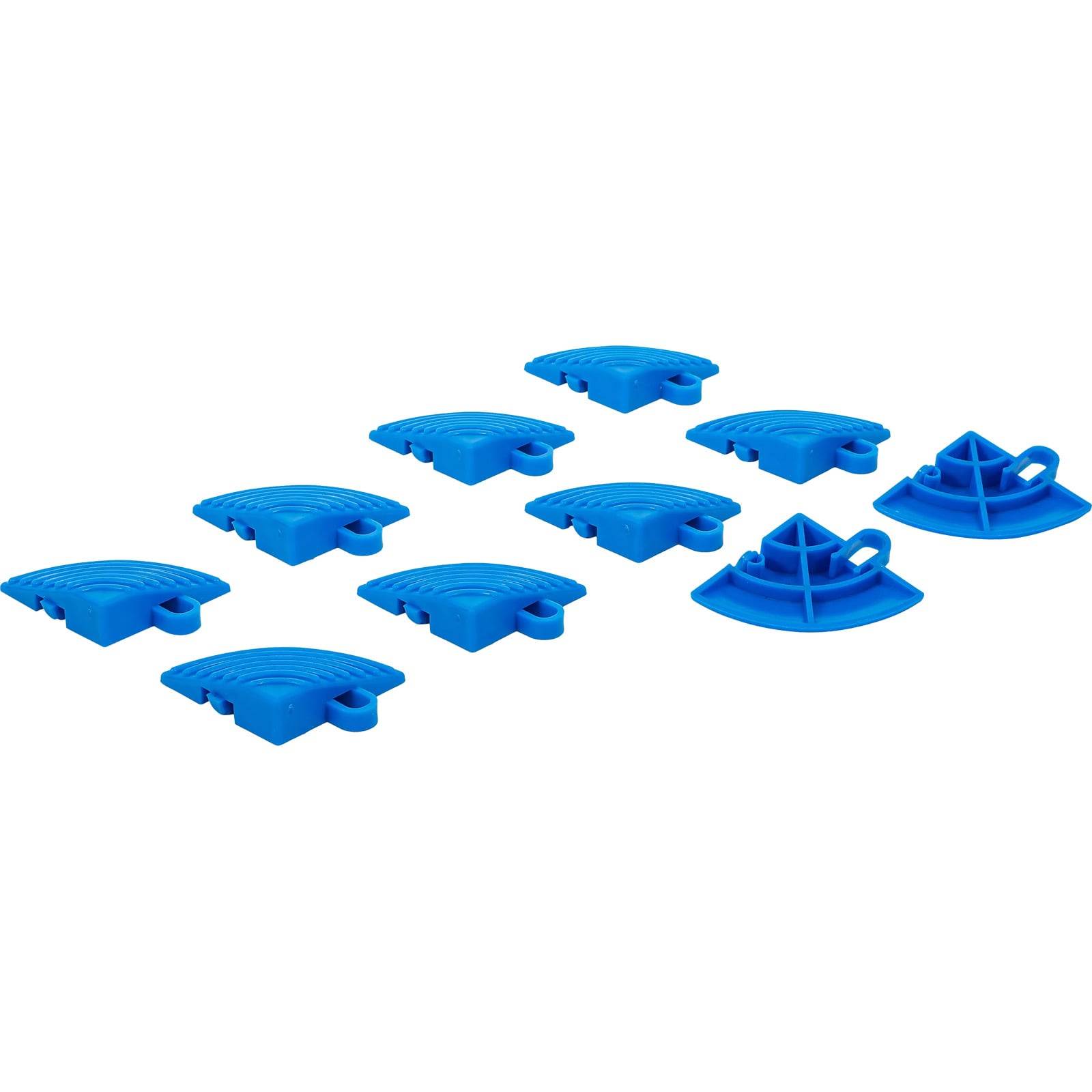 Zehn blaue Kunststoff-Abstandshalter, in zwei Reihen angeordnet. Jeder Abstandshalter hat ein halbkreisförmiges Design mit einem kleinen Loch zur einfachen Handhabung und Verwendung.