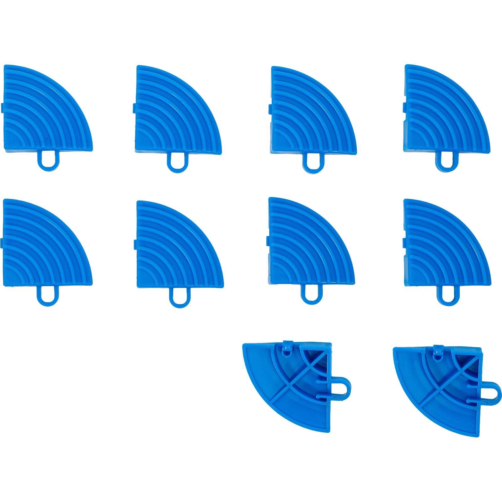 Neun blaue halbkreisförmige Plastikteile mit Griffen, in einem Muster angeordnet, wahrscheinlich Teile eines Bau- oder Lernspielzeugs.