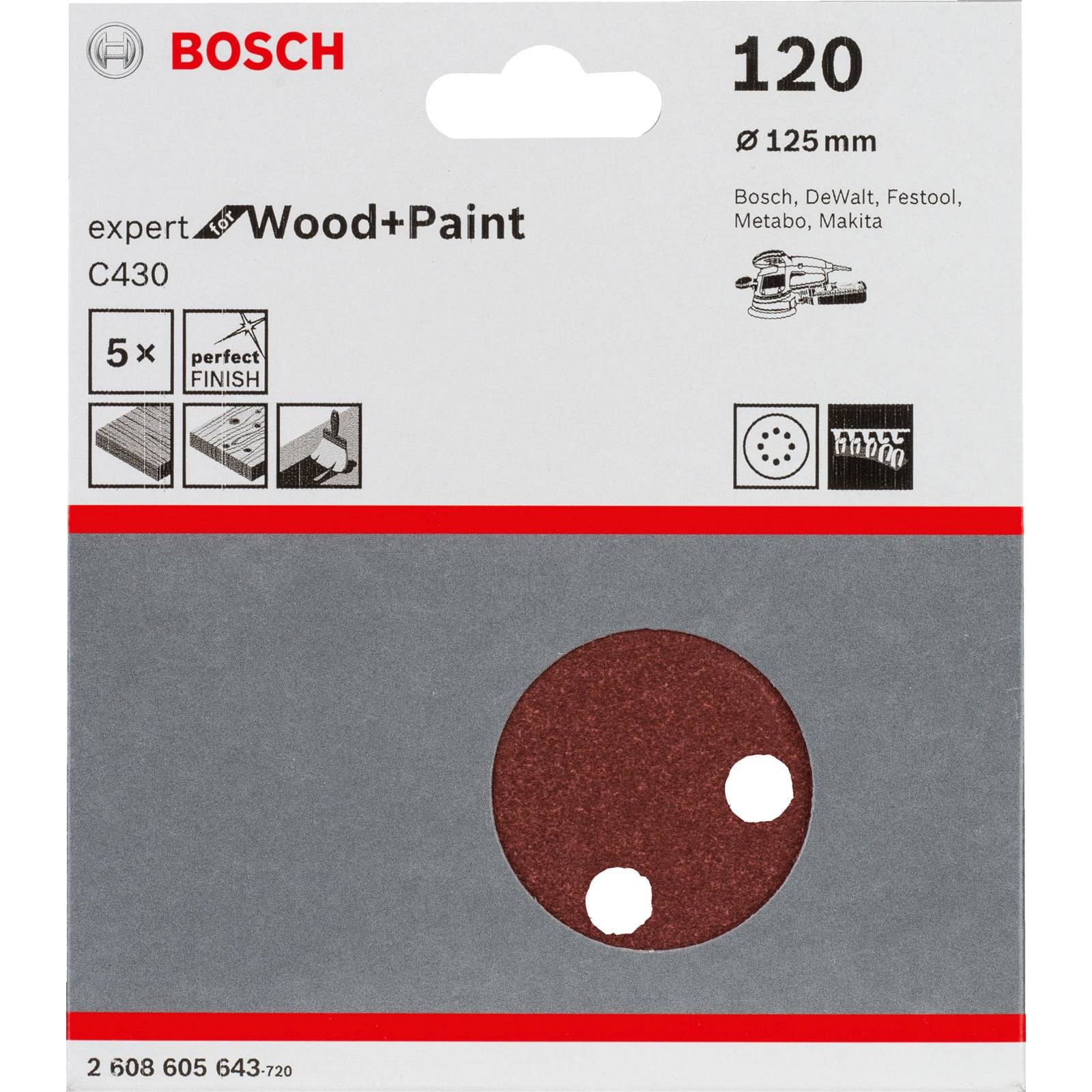 Schleifteller-Verpackung mit Bosch-Logo, Körnung 120, geeignet für Holz und Farbe. Kompatibel mit Bosch-, DeWalt-, Festool-, Metabo- und Makita-Werkzeugen.