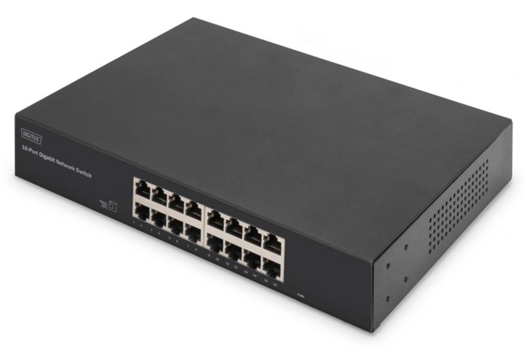 Ein schwarzer Netzwerkswitch mit 16 Ethernet-Ports und Indikatorleuchten auf der Frontplatte, entwickelt für Datennetzwerkverbindungen in IT-Umgebungen.