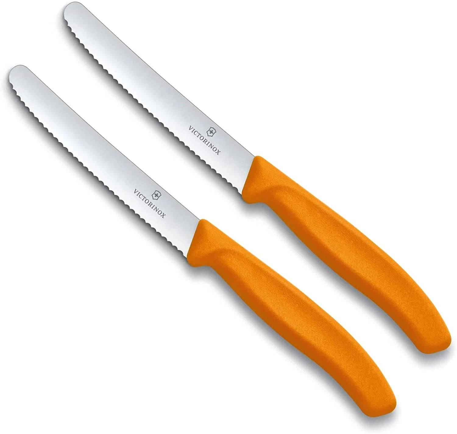 Victorinox | Küchenmesser-Set | 2 Stück Orange | Klingenlänge: 11cm | Extra scharfer Wellenschliff | Tafelmesser mit ergonomischen Griff