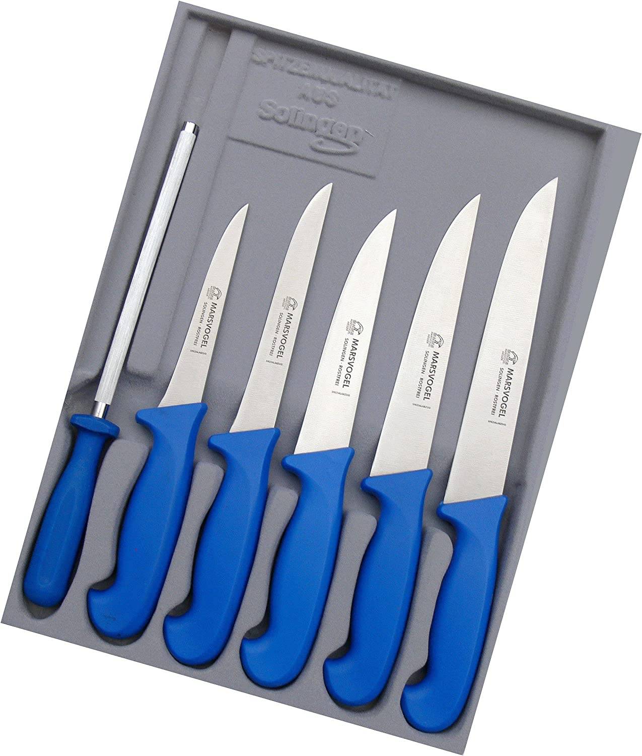 Marsvogel Schlachtermesser Set 6 TLG. GSK Solingen Metzgermesser Set bestehend aus: Stechmesser 6" 7" 8" Ausbeiner/Polker 5" 6" inkl. Wetzstahl