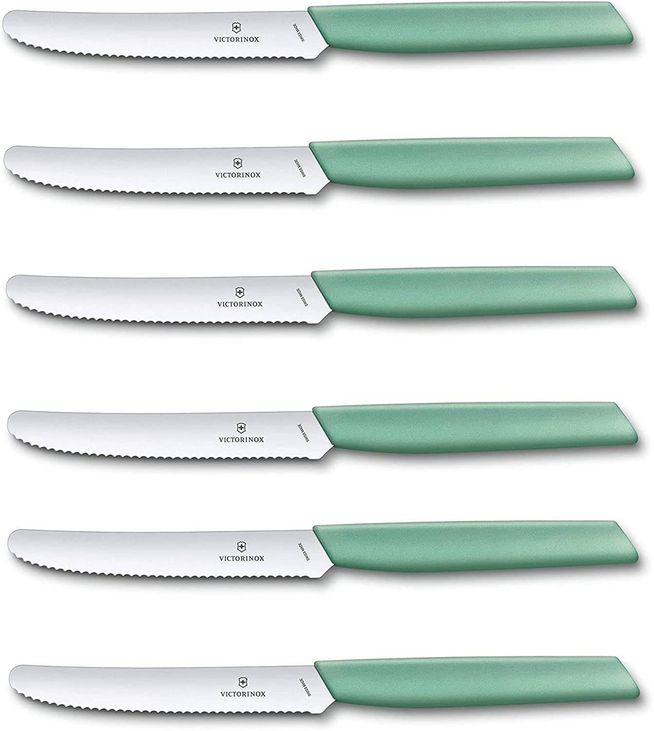 Victorinox 6 Stück Tafelmesser - Tomatenmesser Swiss Modern mit Wellenschliff rostfrei - Swiss Made - mint-green/Grün