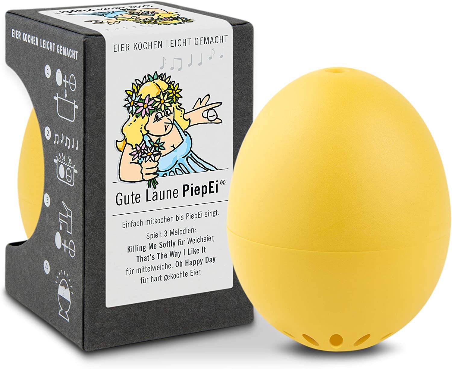 Brainstream | Gute Laune PiepEi Gelb - Singende Eieruhr zum Mitkochen - Eierkocher für 3 Härtegrade - Gute Laune Geschenk - Lustiges Kochei - Musik
