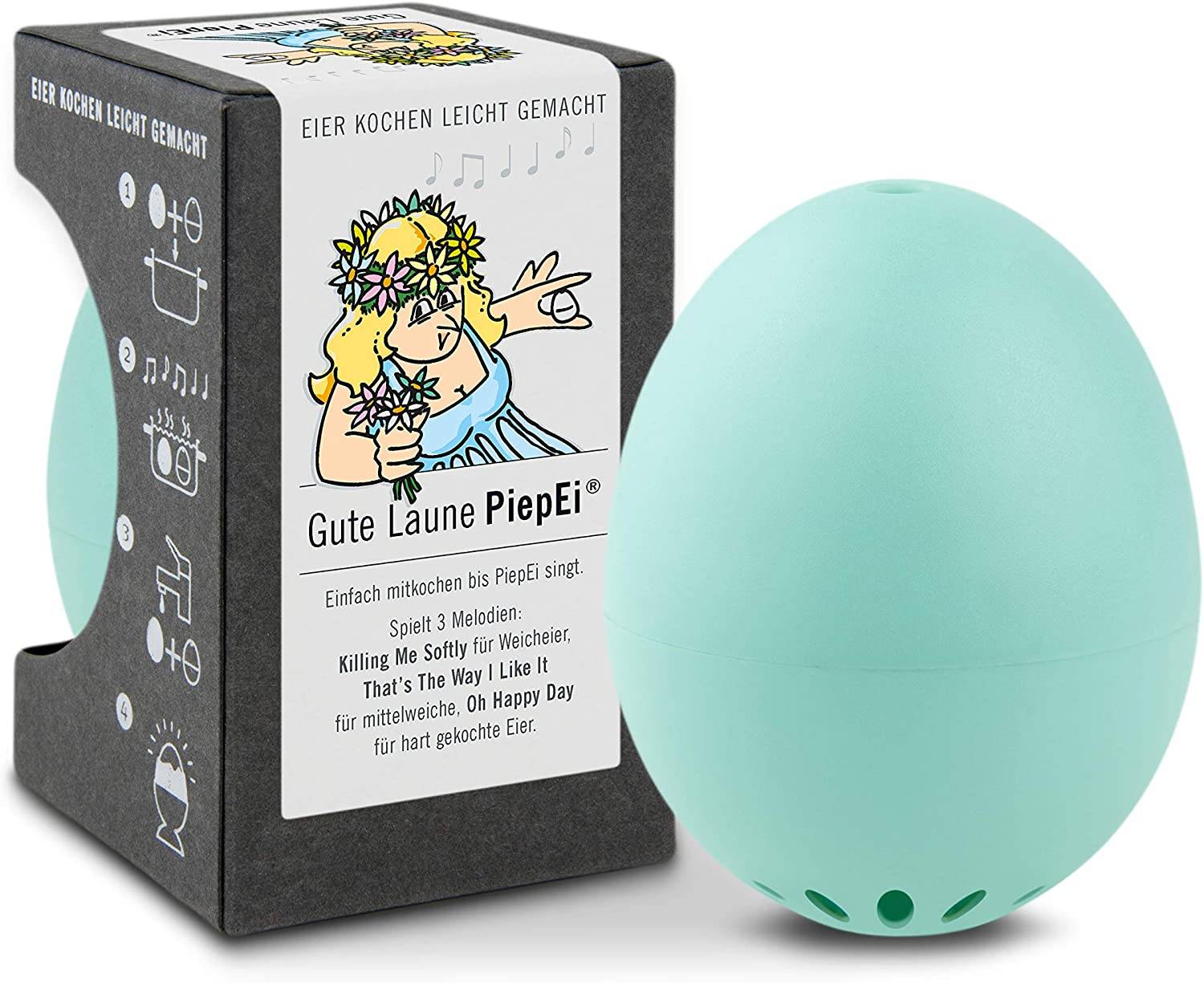 Brainstream | Gute Laune PiepEi Türkis - Singende Eieruhr zum Mitkochen - Eierkocher für 3 Härtegrade - Gute Laune Geschenk - Lustiges Kochei - Mus
