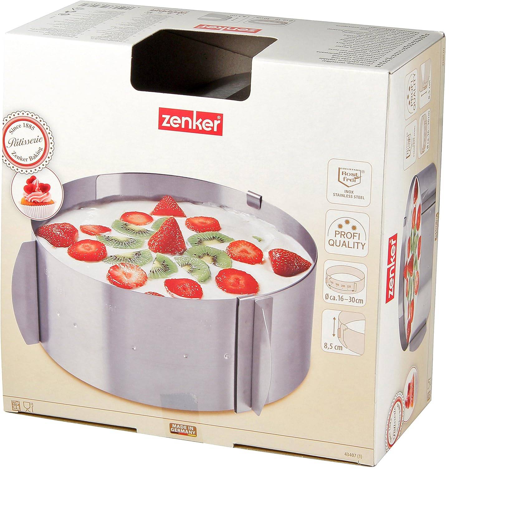 Zenker Tortenring PATISSERIE, flexibler Profi-Torten-Ring von Ø 16 - Ø 30 cm, mit 2 Zieh-Griffen, verstellbarer Ring für perfekte Schicht-Torten (F