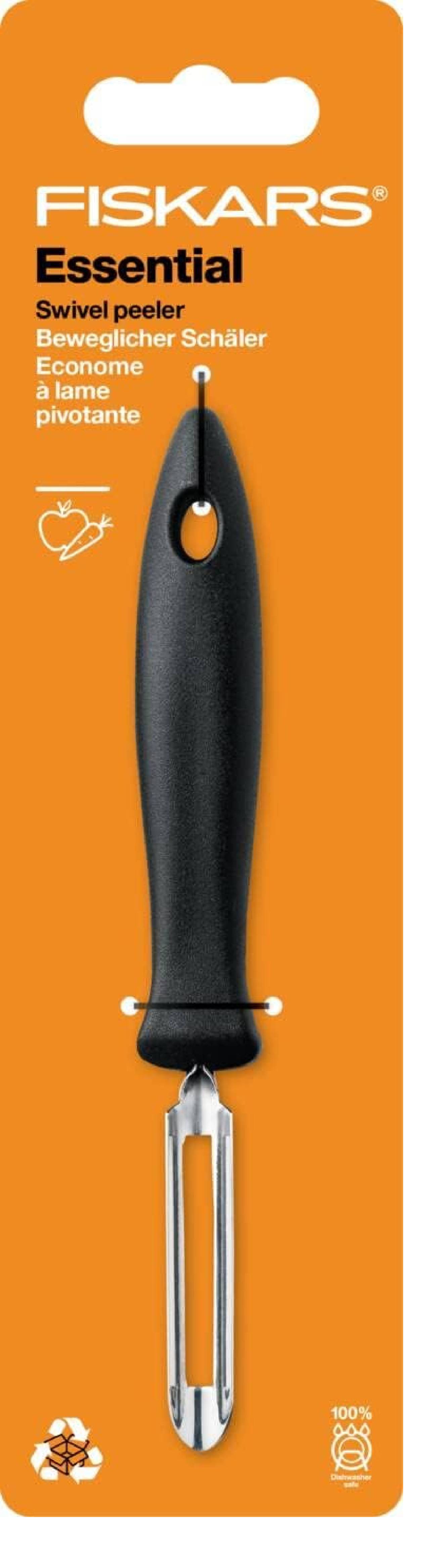 Fiskars Beweglicher Schäler, Gesamtlänge: 18 cm, Essential, Edelstahl / PP-Kunststoff, Schwarz, 1065586